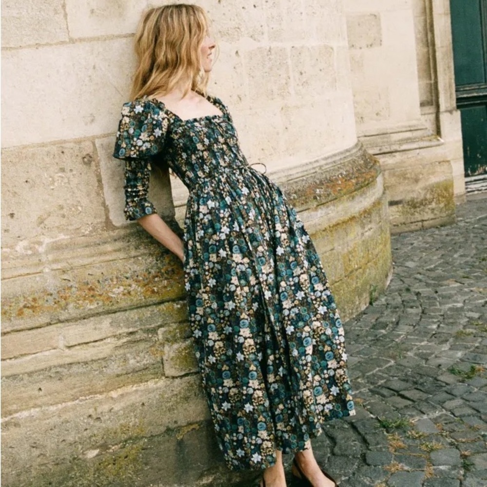 Doen Bijou Cotton Poplin Smocked Long Sleeve Maxi Dress Bleu Arbor Floral Blue